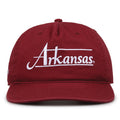 Arkansas Razorbacks Original Heritage Bar Snapback in cardinal, front view of embroidered school script and bar design