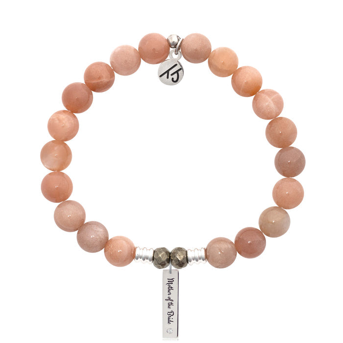 Bridal Collection: Peach Moonstone Stone Bracelet with Mother of the Bride Sterling Silver Charm Bar