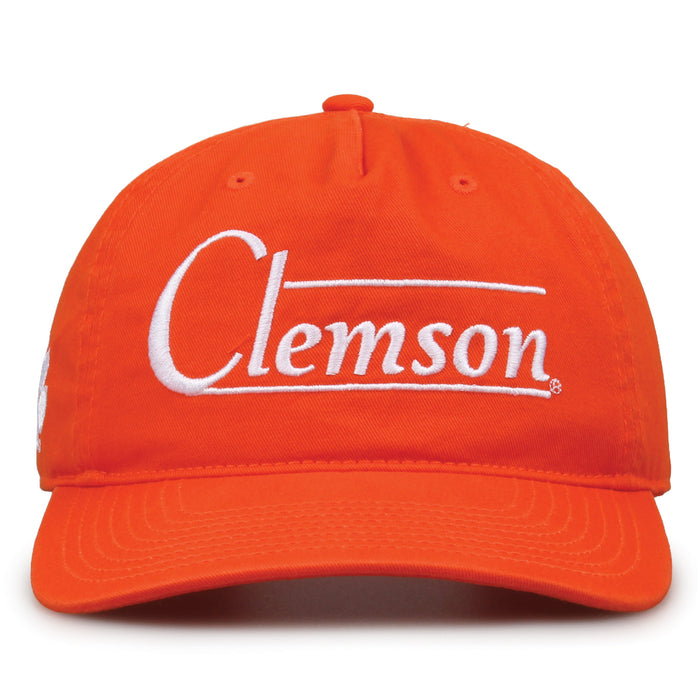 Clemson Tigers Original Heritage Bar Snapback in orange, front view of embroidered school script and bar design
