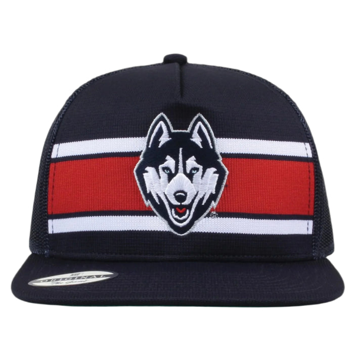 University of Connecticut (UConn) Class of '92 trucker hat, front view with embroidered logo and stripes