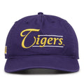 LSU Tigers Original Heritage Bar Snapback in purple, front view of embroidered school script and bar design