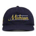 Michigan Wolverines Original Heritage Bar Snapback in navy, front view of embroidered school script and bar design