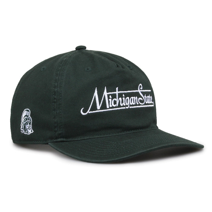 Michigan State Spartans Original Heritage Bar Snapback in dark green, angled view showing matching crown and brim