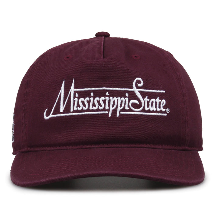 Mississippi State Bulldogs Original Heritage Bar Snapback in dark maroon, front view of embroidered school script and bar design