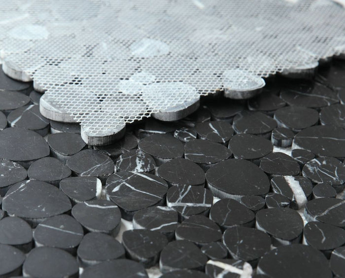 NB4034 Sliced Pebble Marquina Honed Marble Mosaic Angle View