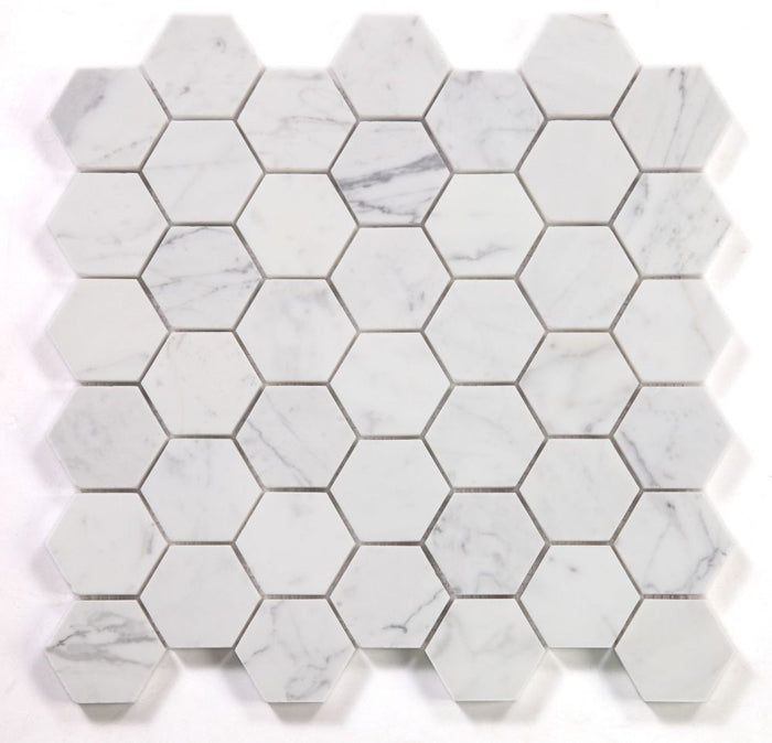NB3918 Calacatta White Polished 2 x 2 Hexagon Marble Mosaic at BELK Tile