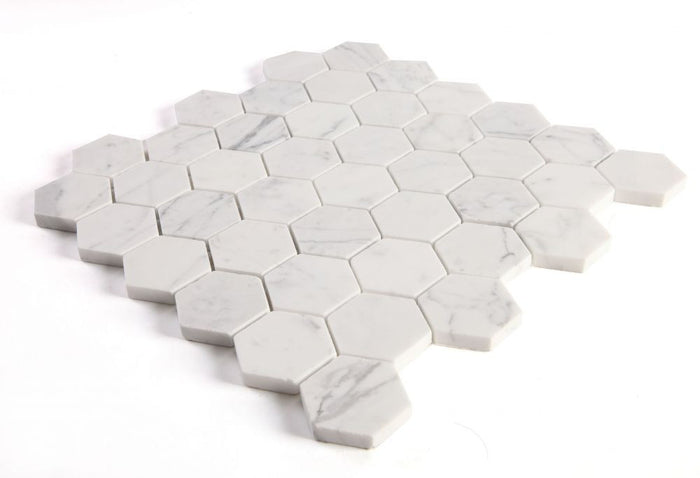 NB3918 Calacatta White Polished 2 x 2 Hexagon Marble Mosaic at BELK Tile Angle View