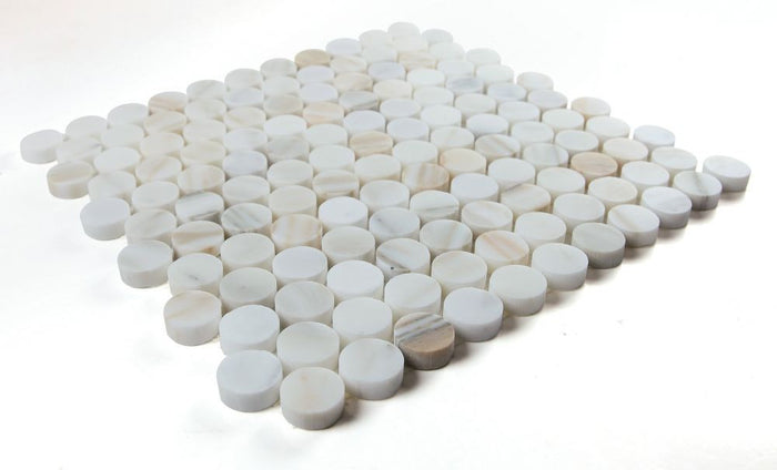 NB4117  Calacatta Hone Penny Round Marble Mosaic Angle View