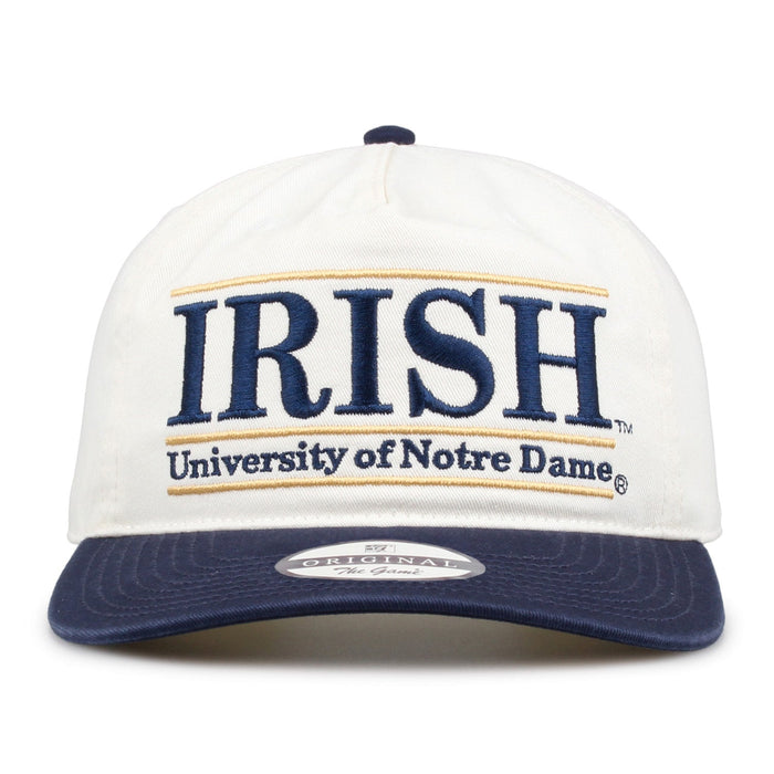 Notre Dame Fighting Irish Original Bar Snapback, ivory crown and navy brim, front view showing IRISH bar embroidery.
