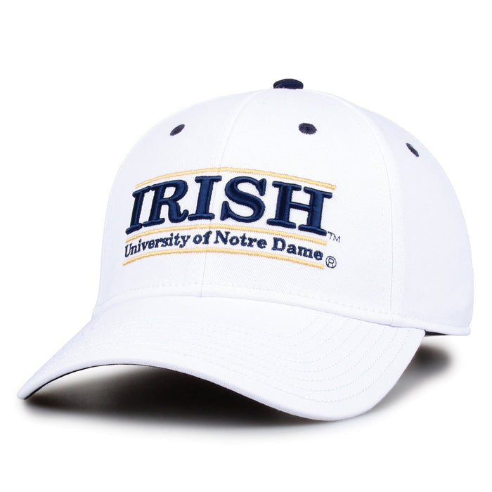 Notre Dame Fighting Irish Nickname Snapback, white, angled front view showing IRISH bar embroidery.