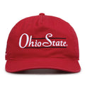Ohio State Buckeyes Original Heritage Bar Snapback in red, front view of embroidered school script and bar design