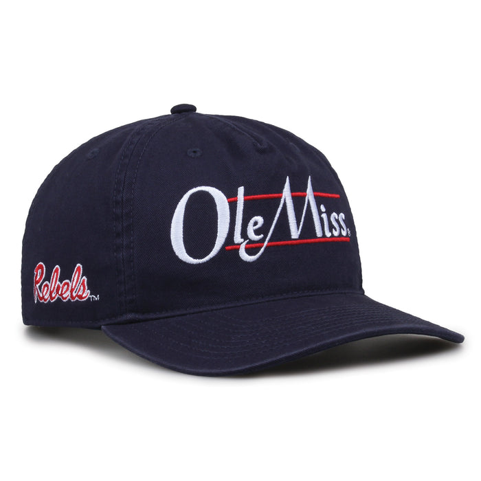 Ole Miss Rebels Original Heritage Bar Snapback in navy, angled view showing matching crown and brim