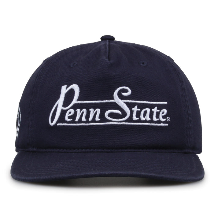 Penn State Nittany Lions Original Heritage Bar Snapback in navy, front view of embroidered school script and bar design