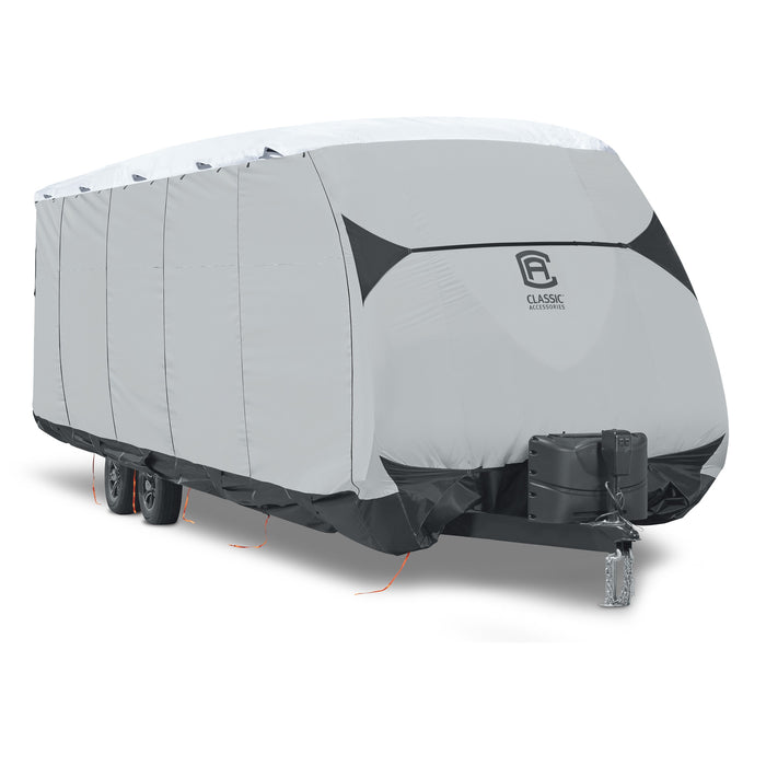 Gray travel trailer cover with a brand logo on a white background