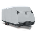 Gray travel trailer cover with a brand logo on a white background