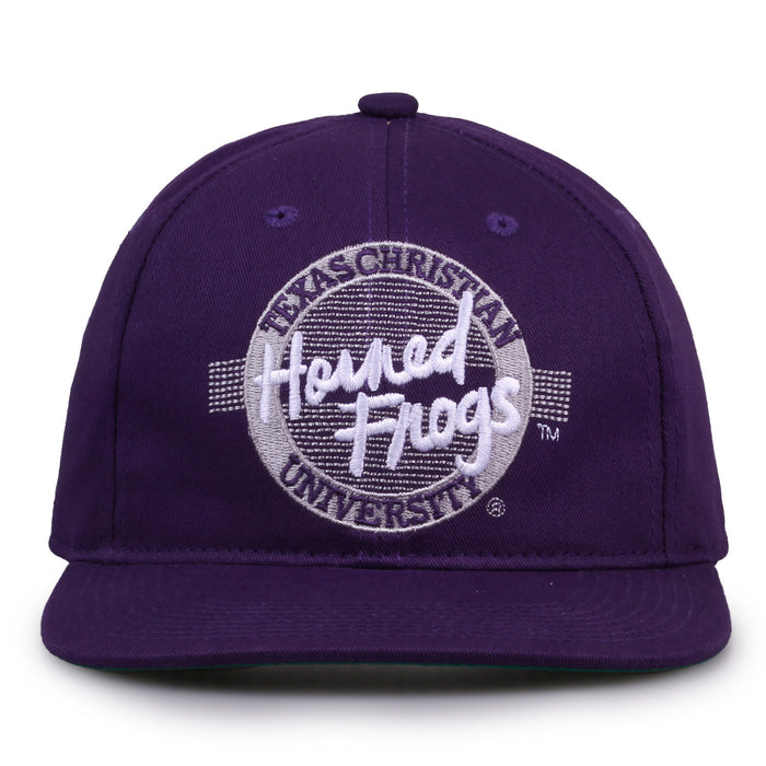 TCU Retro Circle snapback hat in purple, front view