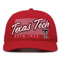 Texas Tech Red Raiders Original Heritage Script Snapback in red, front view showing embroidered school script