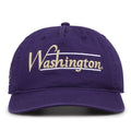 Washington Huskies Original Heritage Bar Snapback in purple, front view of embroidered school script and bar design
