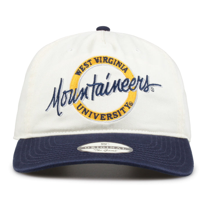 West Virginia Original Circle snapback hat with embroidered school design, front view