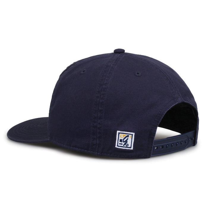 West Virginia Mountaineers Original Heritage Script Snapback in navy, rear view showing adjustable snapback closure